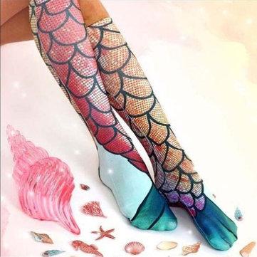 Women Ladies Beach Mermaid Fish Scale Cosplay Stockings Knee High Fishtail Socks