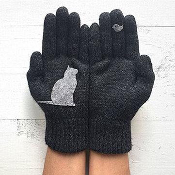 Gants chauds en laine matelassée à imprimé oiseaux et chats rembourrés