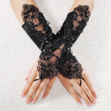 Prom de mariée sexy perle dentelle fleur strass gants sans doigts gants de mariage