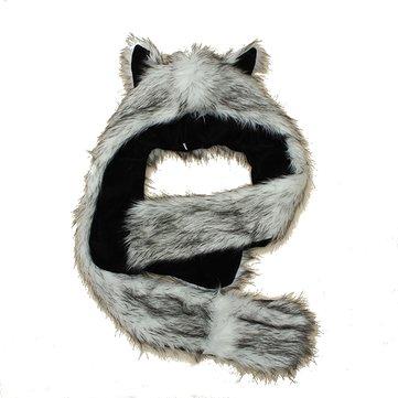 Artificial Faux Fur Winter Hat Plush Cartoon Hooded Scarf Scarf Gloves