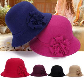Vintage faux wool hat adorned with winter flower bob in felt