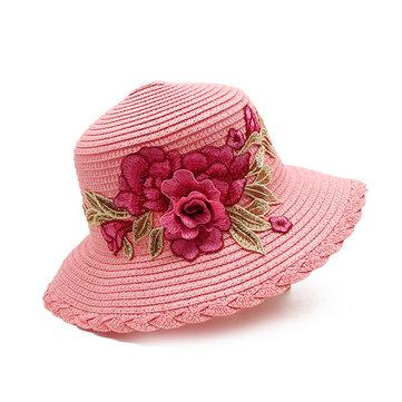 Style ethnique rétro chapeau de paille broderie imprimé chapeau respirant