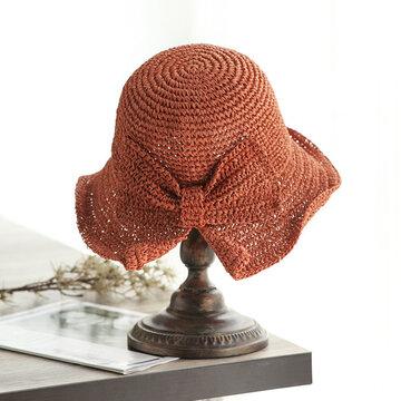 Chapeau de paille de petit bord respirant occasionnel de décoration de bowknot pliable