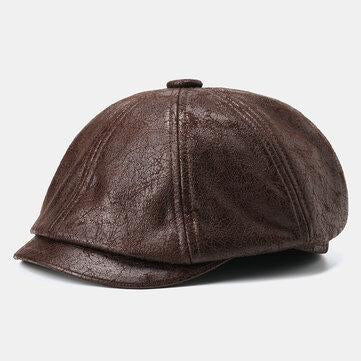 Casquette Gavroche en Cuir Craquelé Casquette Plate Retro Beret