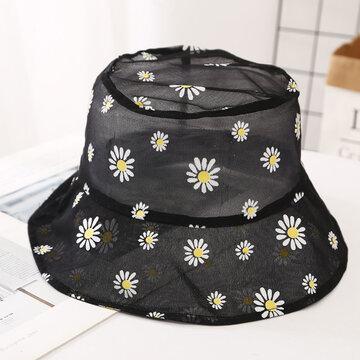 Net Yarn Fisherman Hat Small Fresh Respirant Thin Small Daisy Flower Outdoor Sunscreen Hat