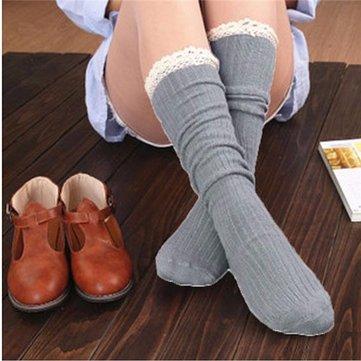 Cotton Knit Leggings Women Crochet Lace Trim Knee Stocking Boot Socks