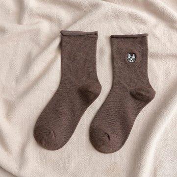 Tube de curling chaussettes dames de dessin animé broderie bas de chat coton chaussettes de sport de couleur unie