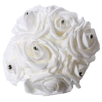 7 Têtes Mariée Bouquet Colourfast Mousse Roses Cristal Fleur Artificielle Maison Fête De Mariage Décoration
