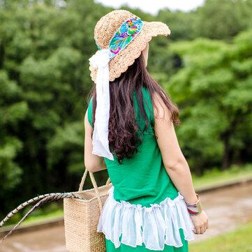 Women's embroidered printed straw hat with scarf