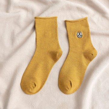 Tube de curling chaussettes dames de dessin animé broderie bas de chat coton chaussettes de sport de couleur unie