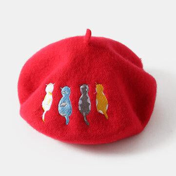 Chapeau de peintre britannique en laine béret chat brodé