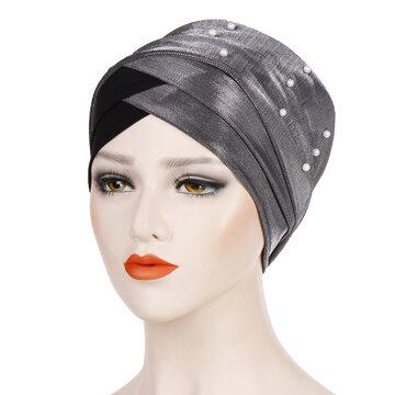 Women Pearl Bright Lace Beanie Hat Colorblock Hat Chemotherapy Cap
