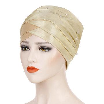 Women Pearl Bright Lace Beanie Hat Colorblock Hat Chemotherapy Cap