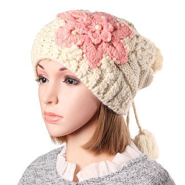Fleur Crochet À Tricoter Tresses Casquettes Slouch Beanie Ball Bead Chapeaux Tissés