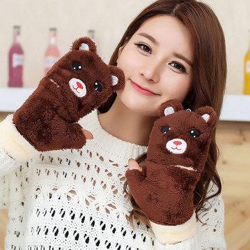 Thick Plush Woman Mittens Cartoon Bear Pattern