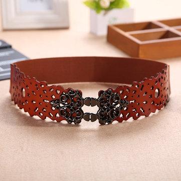 Women Hollow First Layer Leather Belts Stretch Corset Metal Button Elastic Belt