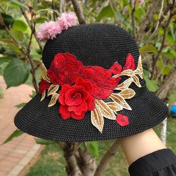 Chapeau de paille imprimé de broderie rétro de style ethnique