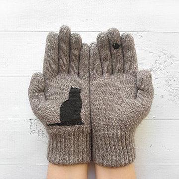 Gants chauds en laine matelassée à imprimé oiseaux et chats rembourrés
