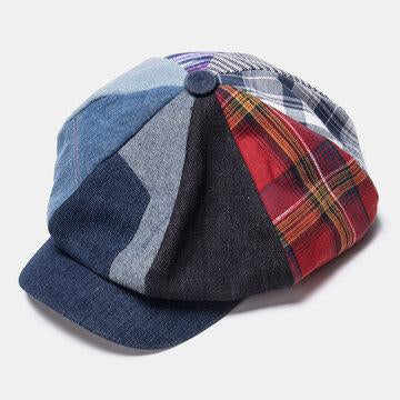 Chapeau bérets à casquette octogonale à rayures et à carreaux en denim