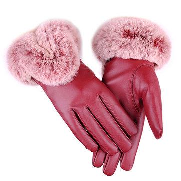 Gants Épais Chauds en Cuir PU Gants Tactiles Fourrure de Lapin