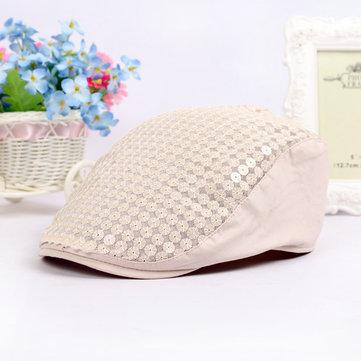 Men Women Sequins Embroidery Hat Beret Casual Cap Front