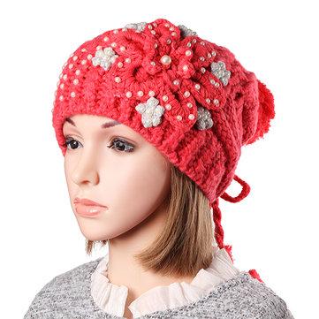 Fleur Crochet À Tricoter Tresses Casquettes Slouch Beanie Ball Bead Chapeaux Tissés