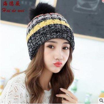 Bonnets en tricot de laine chapeau boule bande de couleur couleur mélangée chapeau chaud