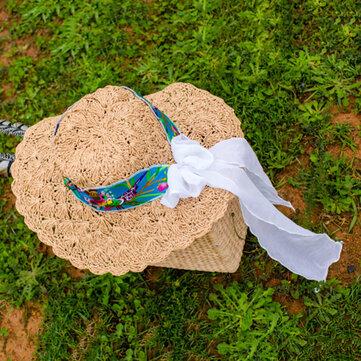 Women's embroidered printed straw hat with scarf