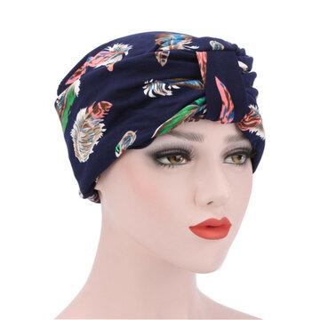 Women Print Forehead Cross Toe Cap Floral Chiffon Beanie Hat Countryside Floral Twist Beanie
