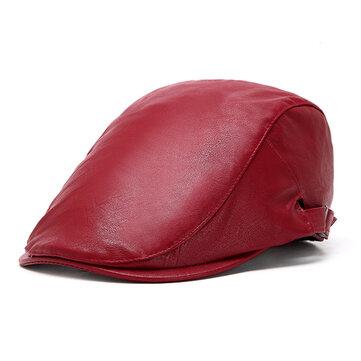Casquette Plate Vintage en Cuir PU Chapeau Décontracté Résistant au Vent