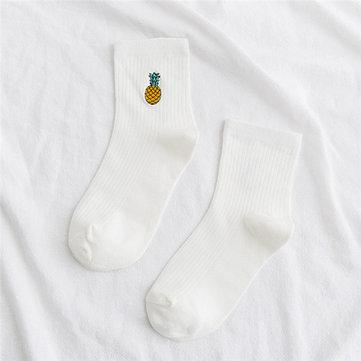Chaussettes à rayures à chaussettes mi-longues avec broderie de fruits