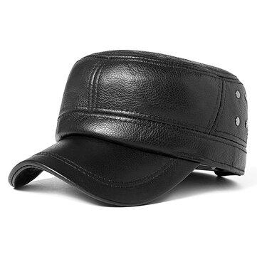 Casquette plate ajustable chaude en cuir de vachette noir