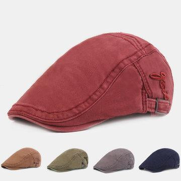 Mens Embroidered Cotton Beanie Front Hat British Retro Sun Hat Literary Beret