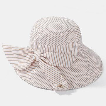 Stripe Beach Sun Hat  Cotton Wide Brim Hat For Women Elegant Multipurpose Foldable Anti-UV Cap For Lady