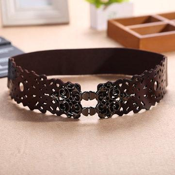 Women Hollow First Layer Leather Belts Stretch Corset Metal Button Elastic Belt