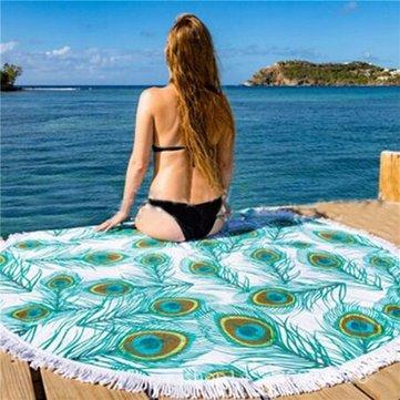 Beach Round Scarf Shawl Towel Peacock Feather Pattern Yoga Mat Decor