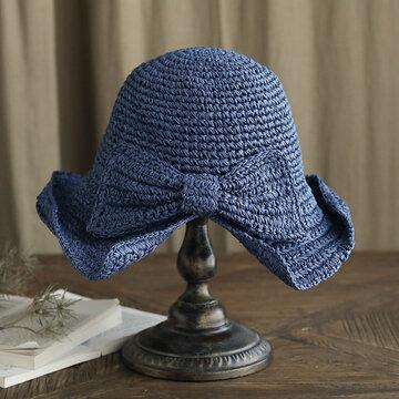 Chapeau de paille de petit bord respirant occasionnel de décoration de bowknot pliable