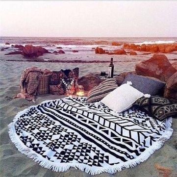 Bohemian Style Round Cotton Beach Towel with Knitted Pom Poms