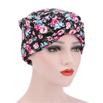 Women Print Forehead Cross Toe Cap Floral Chiffon Beanie Hat Countryside Floral Twist Beanie