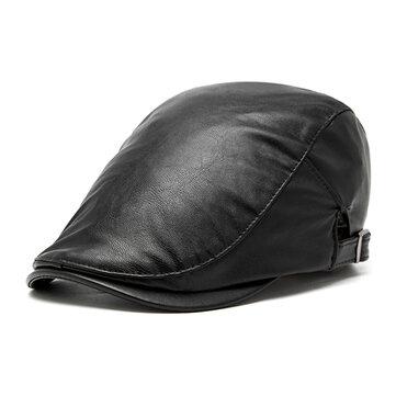 Casquette Plate Vintage en Cuir PU Chapeau Décontracté Résistant au Vent